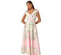 Roman Originals Floral Print Bardot Midi Stretch Dress for Women UK - Ladies Everyday Holiday Spring Summer Comfy Soft Evening Vacation Work Party - Pink - Size 12