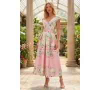Roman Originals Floral Print Bardot Midi Stretch Dress for Women UK - Ladies Everyday Holiday Spring Summer Comfy Soft Evening Vacation Work Party - Pink - Size 12