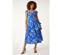 Roman Floral Print Bardot Ruffle Stretch Dress In Royal Royal 10