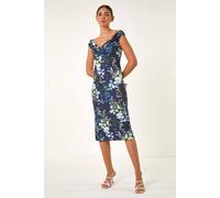Roman Originals Off The Shoulder Floral Dress for Women UK - Ladies Everyday Holiday Spring Summer V-Neckline Comfy Soft Evening Vacation Work Party - Navy - Size 20