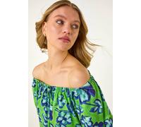Roman Originals Bardot Top Off Shoulder Blouse for Women UK - Ladies Floral Print Shirt Palm Leaf Tropical Ditsy Cold Shoulder Jersey Frill Cuff Summer Spring Holiday - Green Blue Floral - Size 10