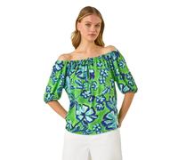 Roman Originals Bardot Top Off Shoulder Blouse for Women UK - Ladies Floral Print Shirt Palm Leaf Tropical Ditsy Cold Shoulder Jersey Frill Cuff Summer Spring Holiday - Green Blue Floral - Size 12