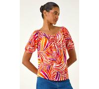 Roman Originals Bardot Top Off Shoulder Blouse for Women UK - Ladies Floral Print Shirt Palm Leaf Tropical Ditsy Cold Shoulder Jersey Frill Cuff Summer Spring Holiday - Red Floral - Size 18