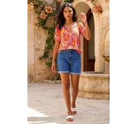 Roman Originals Bardot Top Off Shoulder Blouse for Women UK - Ladies Floral Print Shirt Palm Leaf Tropical Ditsy Cold Shoulder Jersey Frill Cuff Summer Spring Holiday - Red Floral - Size 20