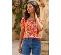 Roman Originals Bardot Top Off Shoulder Blouse for Women UK - Ladies Floral Print Shirt Palm Leaf Tropical Ditsy Cold Shoulder Jersey Frill Cuff Summer Spring Holiday - Red Floral - Size 20