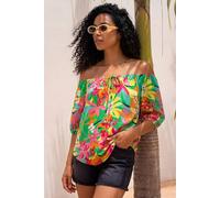Roman Bardot Top Off Shoulder Blouse for Women UK - Ladies Floral Print Shirt Palm Leaf Tropical Ditsy Cold Shoulder Jersey Frill Cuff Summer Spring Holiday - Floral Green - Size 18