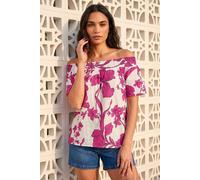 Roman Floral Print Bardot Top In Magenta Magenta