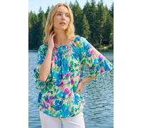 Roman Bardot Top Off Shoulder Blouse for Women UK - Ladies Floral Print Shirt Palm Leaf Tropical Ditsy Cold Shoulder Jersey Frill Cuff Summer Spring Holiday