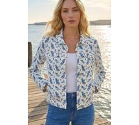 Roman Originals Stretch Jacket for Women UK - Ladies Denim Jean Summer Coat Bengaline Casual Smart Utility Trucker Biker Fitted Classic Work Spring Soft Vintage - Floral Ivory - Size 12