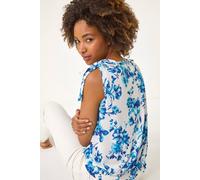 Roman Floral Print Bow Detail Stretch Top for Women UK - Ladies Spring Everyday Summer Holiday Round Neckline Comfy Sleeveless Soft Shirred Vest Shirt Work Office Blouses - Blue - Size 10