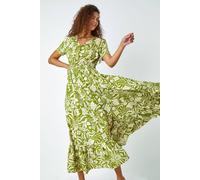 Roman Originals Shirred Empire Waist Dress for Women UK Ladies Midi Maxi Summer Spring Tiered Frill Hem Short Sleeve V Neck Button Through Boho Bohemian Holiday Cruise - Lime - Size 16
