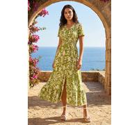 Roman Originals Shirred Empire Waist Dress for Women UK Ladies Midi Maxi Summer Spring Tiered Frill Hem Short Sleeve V Neck Button Through Boho Bohemian Holiday Cruise - Lime - Size 18