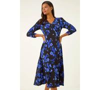 Roman Floral Print Button Midi Dress In Black Black 12