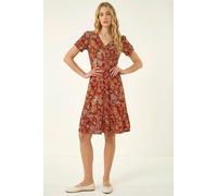 Roman Floral Print Button Stretch Tea Dress In Red Red 18