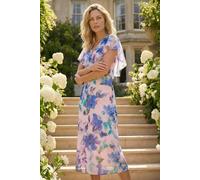 Roman Abstract Printed Cape Dress for Women UK - Ladies Spring Everyday Summer Holiday V-Neckline Comfy Short Sleeve Soft Fit & Flare Midi Frock Diner Date Gowns - Lilac - Size 12