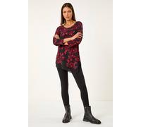 Roman Floral Print Chiffon Hem Stretch Top In Red Red 12