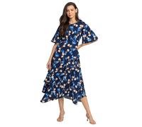 Roman Originals Women Floral Print Chiffon Midi Dress - Ladies Tiered Silhouette Angel Sleeve Fit and Flare Zip Back Occasion Dresses - Navy - Size 10
