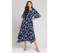Roman Originals Women Floral Print Chiffon Midi Dress - Ladies Tiered Silhouette Angel Sleeve Fit and Flare Zip Back Occasion Dresses - Navy - Size 10