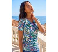 Roman Floral Print Cowl Neck Stretch Top In Navy Navy