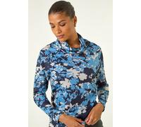 Roman Cowl Neck Top for Womens UK - Ladies Jersey Blouse Stretch Ruched Waist Flattering Smart Casual Formal Party Work Office Autumn Winter Shirt 3/4 Sleeve - Blue Ivory - Size 12