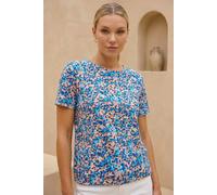 Roman Originals Floral Print Elasticated Hem Top for Women UK - Ladies Everyday Holiday Spring Summer Round Neckline Comfy Soft Evening Vacation Work Party - Blue - Size 14