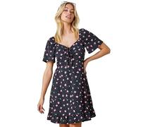 Roman Floral Print Frill Hem Mini Dress for Women UK - Ladies Spring Everyday Summer Holiday V-Neckline Comfy Short Sleeve Soft Bow Detail Frock Dinner Date Gowns - Black - Size 10