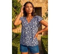 Roman Originals Floral Print Frill Sleeve Tie Top for Women UK - Ladies Everyday Holiday Spring Summer Round Neckline Comfy Soft Evening Vacation Work Party - Navy - Size 12