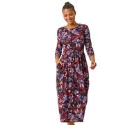 Roman Floral Print Gathered Stretch Midi Dress In Purple Purple 12