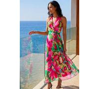 Roman Originals Floral Print Halterneck Maxi Dress for Women UK - Ladies Everyday Holiday Spring Summer V-Neckline Comfy Soft Evening Vacation Work Party - Cerise - Size 14