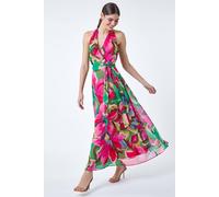 Roman Originals Floral Print Halterneck Maxi Dress for Women UK - Ladies Everyday Holiday Spring Summer V-Neckline Comfy Soft Evening Vacation Work Party - Cerise - Size 12