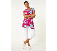 Roman Floral Print Hanky Hem Stretch Tunic Top In Fuchsia Fuchsia