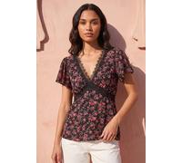 Roman Floral Print Lace Detail Top In Black Black
