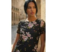Roman Floral Print Lace Stretch Top In Black Black