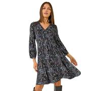 Roman Stretch Jersey Dress for Women UK - Ladies Gathered Waist A Line Swing Skater Fit & Flare A Line Winter Autumn Knee Length V-Neck Casual Smart Cocktail Party Going Out - Blue Grey - Size 16