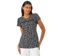 Roman Floral Print Ladder Trim Top for Women UK - Ladies Autumn Everyday Winter Holiday Round Neckline Comfy Short Sleeve Soft Jersey Shirt Office Desk Blouses - Black - Size 16