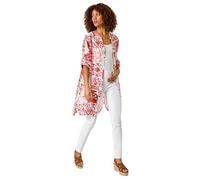 Roman Floral Print Longline Blouse for Women UK - Ladies Spring Everyday Summer Holiday V-Neckline Comfy Long Sleeve Soft Button Up Shirt Vacation Beach Tops - Red White - Size 16