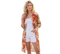 Roman Floral Print Longline Blouse for Women UK - Ladies Spring Everyday Summer Holiday V-Neckline Comfy Long Sleeve Soft Button Up Shirt Vacation Beach Tops - Abstract Orange - Size 20