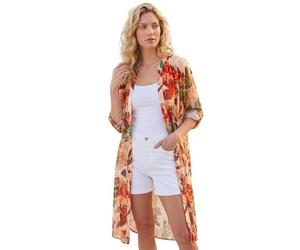 Roman Floral Print Longline Blouse for Women UK - Ladies Spring Everyday Summer Holiday V-Neckline Comfy Long Sleeve Soft Button Up Shirt Vacation Beach Tops - Abstract Orange - Size 20