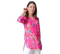 Roman Originals Shirt Top for Women UK Ladies Collarless Blouse Smart Tunic Button Through Longline Asymmetric Hem 3/4 Length Roll Up Sleeves V Neck Going Out - Cerise Multicoloured - Size 12