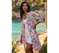 Roman Floral Print Longline Blouse for Women UK - Ladies Spring Everyday Summer Holiday V-Neckline Comfy Long Sleeve Soft Button Up Shirt Vacation Beach Tops - Pink - Size 20