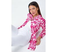 Roman Originals Shirt for Women Ladies Cotton Blouse Button Through Tunic Printed Top Work Long Sleeve Smart Casual Going Out Work Office V Neck Everyday Evening Event - Cerise & White - Size 12