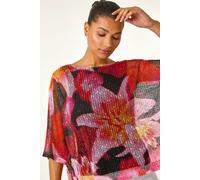 Roman Floral Print Mesh Overlay Top In Fuchsia Fuchsia 14