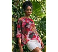 Roman Originals Floral Print Mesh Overlay Top for Women UK - Ladies Everyday Holiday Spring Summer Round Neckline Comfy Soft Evening Vacation Work Party - Fuchsia - Size 18