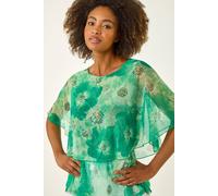 Roman Floral Print Mesh Overlay Top In Green Green 20