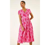 Roman Stretchy Dress for Women UK Ladies Pockets Gathered Waist Ruched Chest Midi Holiday Spring Summer V Neckline Evening Vacation Work Party Going Out Soft - Floral Pink - Size 12