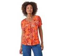 Roman Floral Print Pleat Front Top for Women UK - Ladies Spring Everyday Summer Holiday V-Neckline Comfy Short Sleeve Soft Stretch Jersey Shirt Office Business Blouses - Orange - Size 18