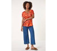 Roman Floral Print Pleat Front Top for Women UK - Ladies Spring Everyday Summer Holiday V-Neckline Comfy Short Sleeve Soft Stretch Jersey Shirt Office Business Blouses - Orange - Size 10