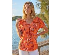 Roman Floral Print Pleat Front Top for Women UK - Ladies Spring Everyday Summer Holiday V-Neckline Comfy Short Sleeve Soft Stretch Jersey Shirt Office Business Blouses - Orange - Size 10