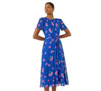 Roman Floral Print Pleat Neck Midi Dress for Women UK - Ladies Spring Everyday Summer Holiday Round Neckline Comfy Short Sleeve Soft Fit & Flare Frock Dinner Date Gowns - Blue - Size 12