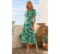 Roman Floral Print Pleat Neck Midi Dress In Green Green
